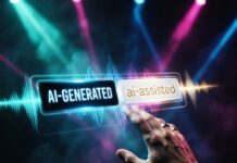 The Music Industry Just Created AI Labels for Tracks. Here Is What Independent Artists Need to Know. A human hand reaches toward two glowing AI music label badges — AI-Generated and AI-Assisted — suspended in a cinematic dark space with neon aqua and magenta light rays.