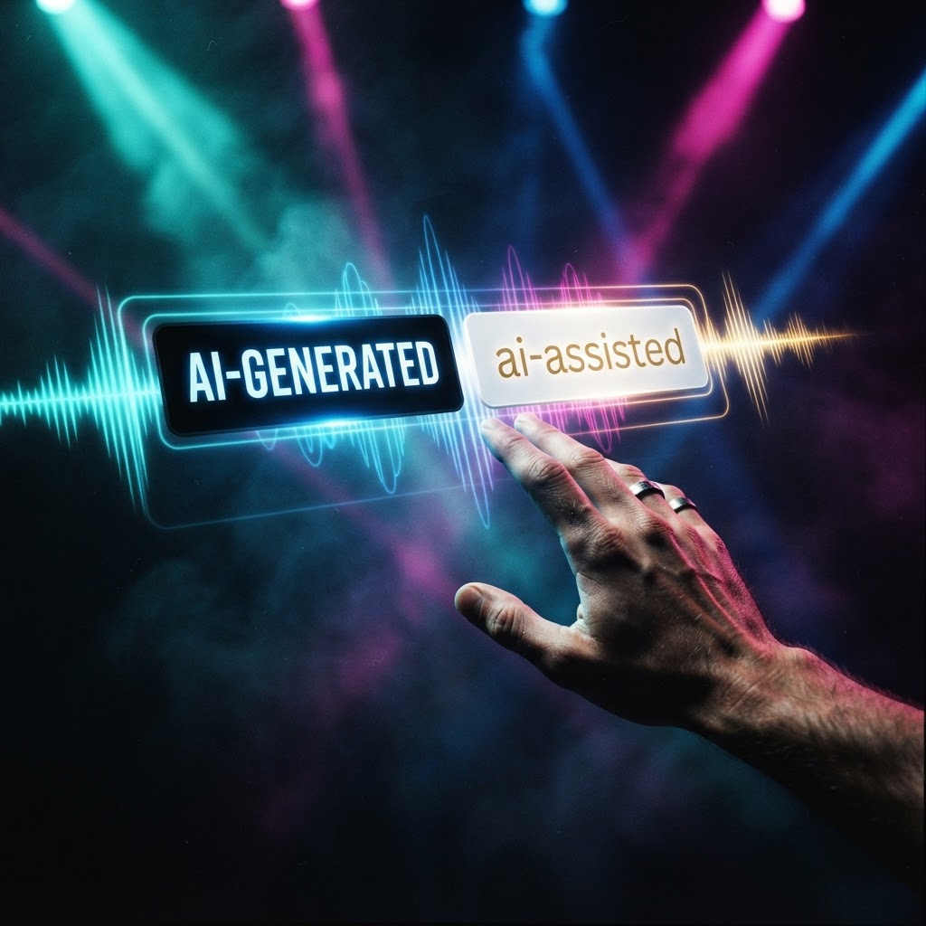 SyncNation – AI Music Labeling 2026 A human hand reaches toward two glowing AI music label badges — AI-Generated and AI-Assisted — suspended in a cinematic dark space with neon aqua and magenta light rays.