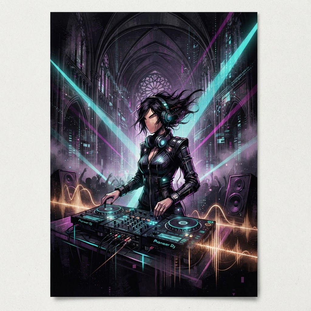 SyncNation – Baby Jane Artist Spotlight An editorial illustration of an independent electronic artist performing behind a DJ setup on a dark stage, surrounded by gothic architecture and neon blue and gold light.