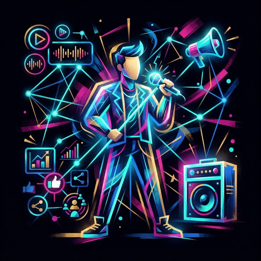 SyncNation – CD Baby Stages Selects An editorial illustration of an independent artist connected to a network of digital distribution and marketing elements, representing CD Baby's Stages Selects program.