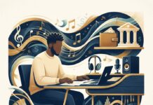 Music Distribution Platforms Are Now Offering Advances. What Independent Artists Need to Know. An editorial illustration of an independent artist reviewing royalty advance options at a recording studio desk, with abstract streaming and financial imagery in the background.