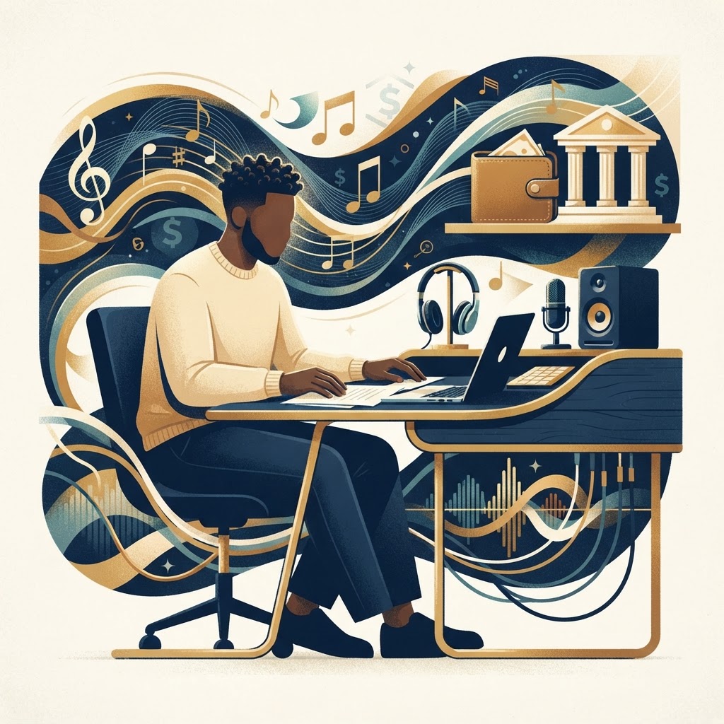 SyncNation – Royalty Advances for Independent Artists An editorial illustration of an independent artist reviewing royalty advance options at a recording studio desk, with abstract streaming and financial imagery in the background.